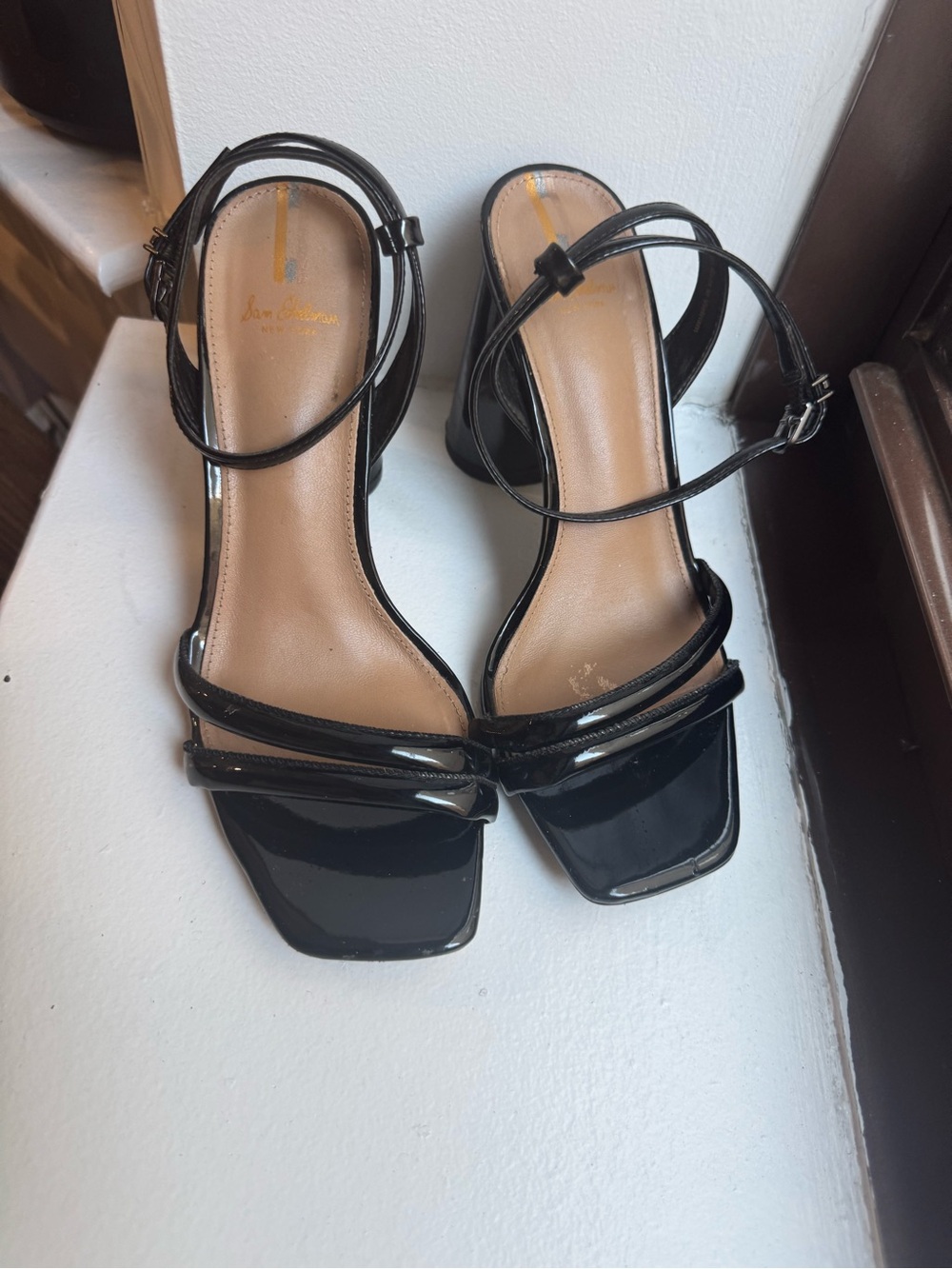 Sam Edelman Black Patent Square-Toe Strappy Block Heels - Picture 5 of 7